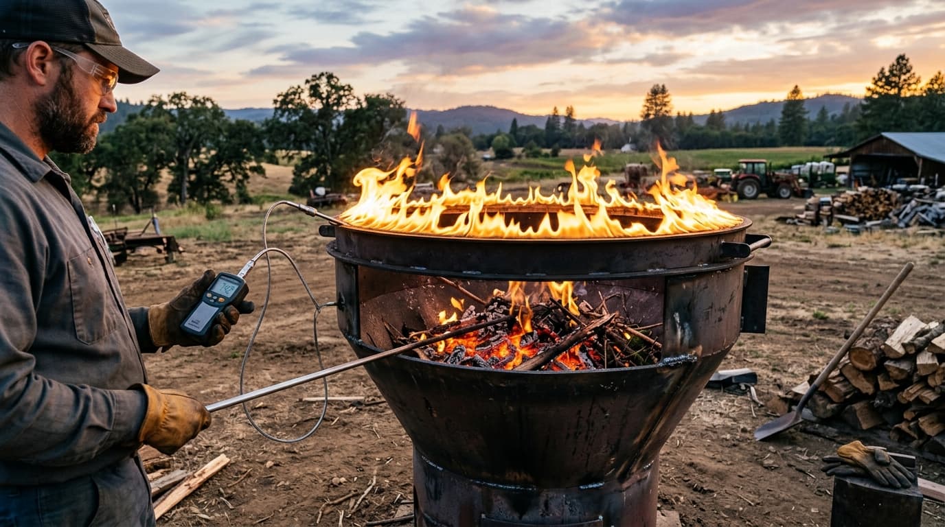 Kon-Tiki flame-cap biochar kiln in operation with clean flame curtain and temperature sensor